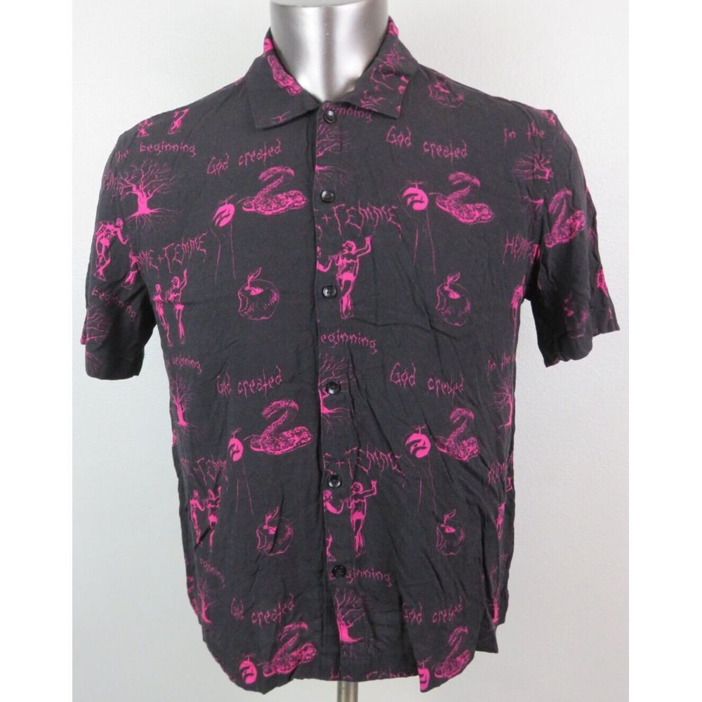 Homme + Femme‎ Short Sleeve Button Front Shirt Sz M God Adam Eve Forbidden Fruit